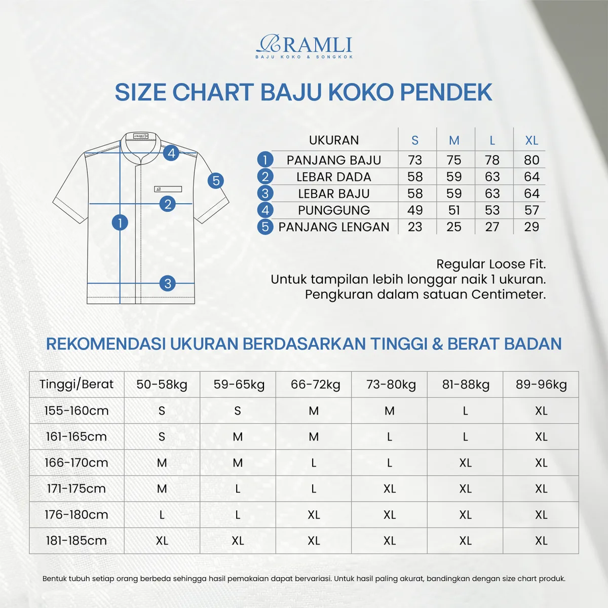 SIZE CHART BAJU KOKO PENDEK